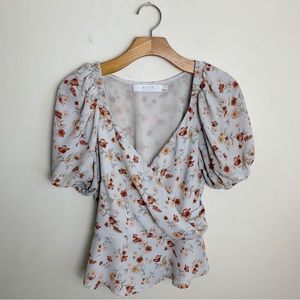 ASTR The Label Floral Wrap Style Puff Sleeve Blouse